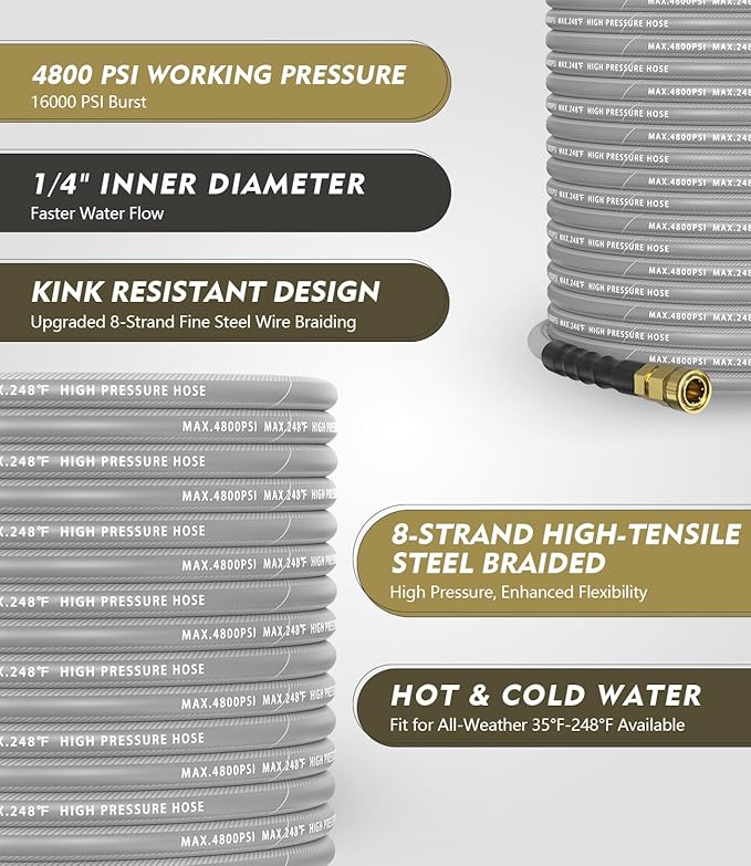 Pressure Washer Gun and Hose Kit, 4800PSI Steel-Braided & Durable - Flexible & Kink-Resistant Power Washer Hose 25 FT with 3/8" Swivel Quick Connector and M22 14mm Adapters Replacement