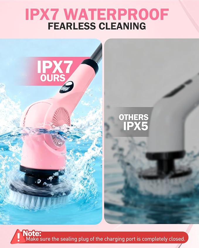 Electric Spin Scrubber, 3-Speed Cordless Shower Scrubber with Long Handle & 10 Replaceable Brush Heads, 90 Mins Runtime & Full-Body IPX7 Waterproof Shower Cleaner Brush for Bathroom Kithchen