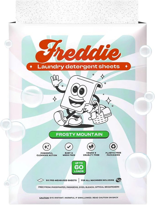 Freddie Laundry Detergent Sheets - Recyclable Packaging - No Mess Strips - 60 Loads - Crisp Frosty Mountain Scent