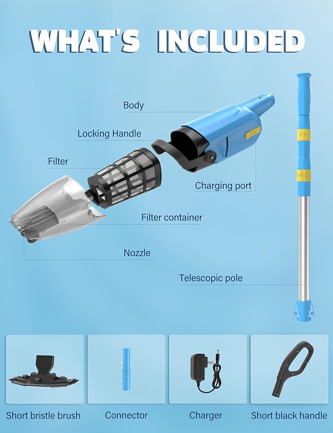 Cordless Pool Vacuum Cleaner for Above Ground Pool & In Ground Rechargeable Pool Vacuum Cleaner - 90 Mins Runtime, with 69" Telescopic Pole, Spa Vacuum for Hot Tub- Fast 3H Charge (Blue)