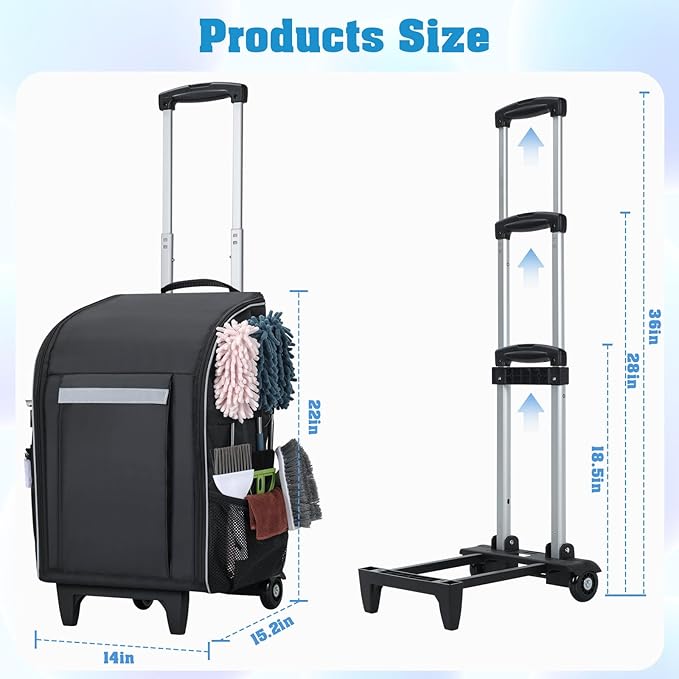 Rolling Cleaning Caddy Backpack with Wheels, Large Capacity Cleaning Supply Organizer Bag with Detachable Trolley & Backpack Strap, Water-Resistant Cleaning Bag for Houskeeper Cleaner