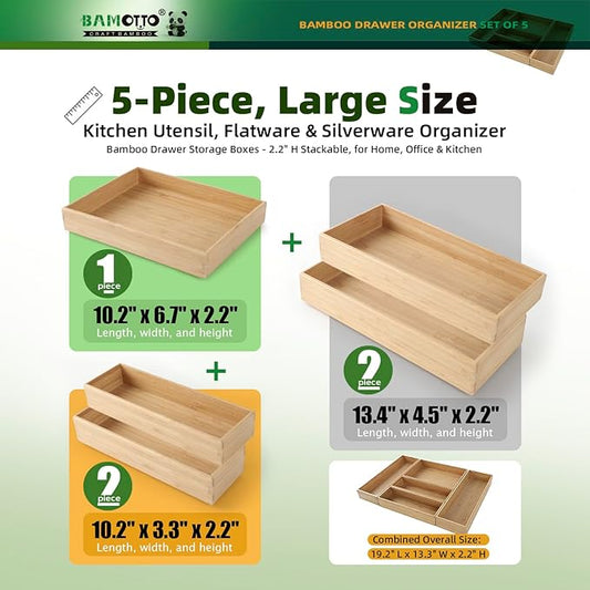 Stack Bamboo Drawer Organizer Set of 5, Kitchen Utensil, Flatware&Silverware Organizer-Wood Laminated Stackable for Kitchen, Bedroom, 13.4''x4.5''*2+10.2''x3.3''*2+10.2''x6.7''*1