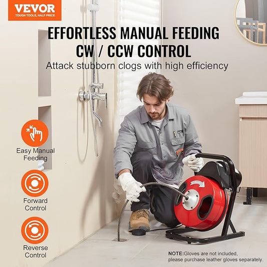 VEVOR Drain Cleaner Machine 50FT x 1/2 Inch, Manual Feed Sewer Snake Auger - with 4 Cutters & Air-activated Foot Switch for 2" to 4" Pipes