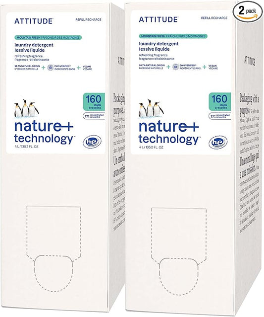 ATTITUDE Liquid Laundry Detergent Refill, EWG Verified, HE Compatible, Plant-Based & Vegan, Natural Laundry Soap, Mountain Fresh Scent, 160 Loads, 135.26 Fl Oz (Pack of 2)