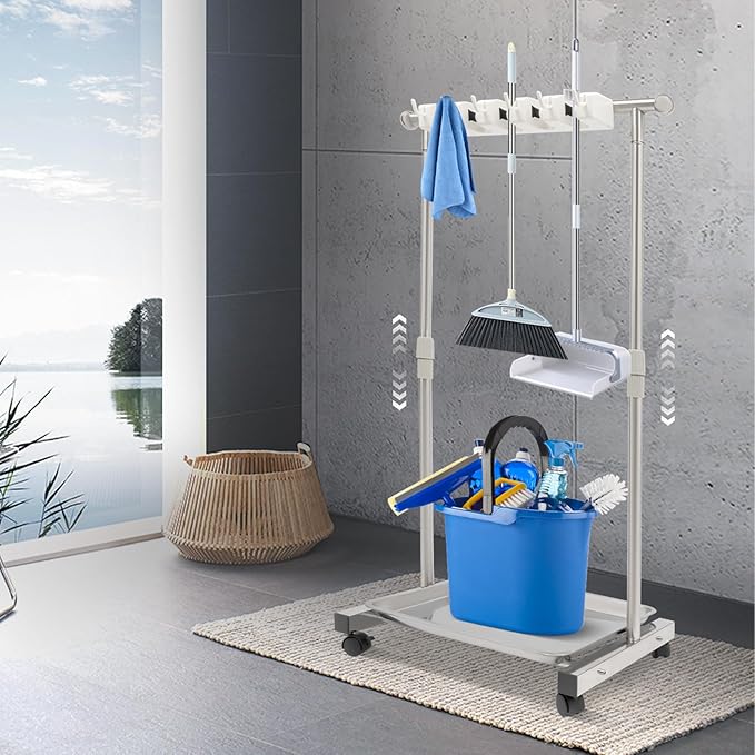 Broom Holder Organizer Movable Closet Storage Cabinet Mop Rack, Floor Standing Cleaning Supplies Tool Cart For Garage, Schools, Hotels, Hospitals, Factories, Restaurant(6 Hook & 5 Slots)