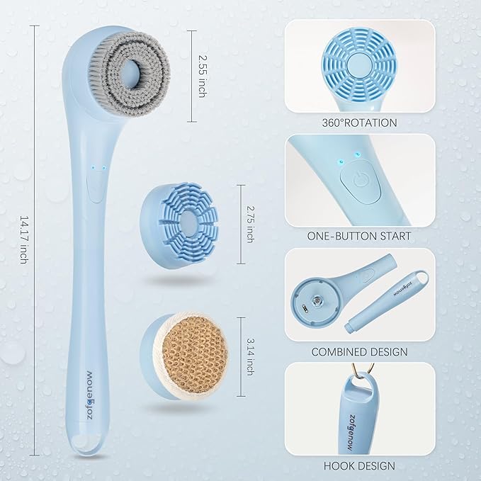Electric Body Brush, Waterproof Back Scrubber for Shower with Long Handle and 3 Heads, Rechargeable Exfoliating Brush for Body and Foot, Deep Cleansing Massager, Blue