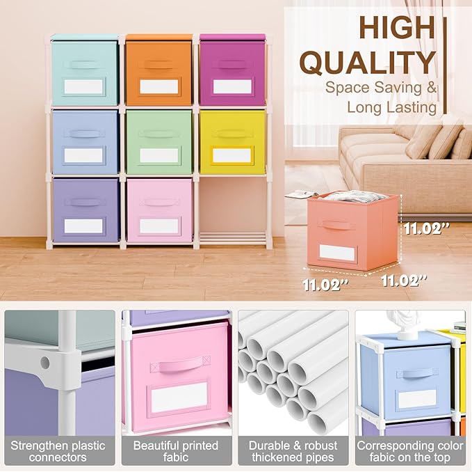 Geelin 9 Sets Cube Storage Organizer Bins with Shelf & Labels 11 Inch, Fabric Collapsible Cubby Toys Clothes Storage Drawer Unit for Daycare Nursery Playroom Bedroom Dorm Organizer (Pastel)