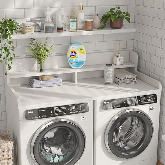 2-Tier Washer Dryer Countertop with 2.75" H Edge Rails, 58" W x 28" D Laundry Countertop for Folding Clothes, Washer and Dryer Topper with Non-Slip Pad (White)
