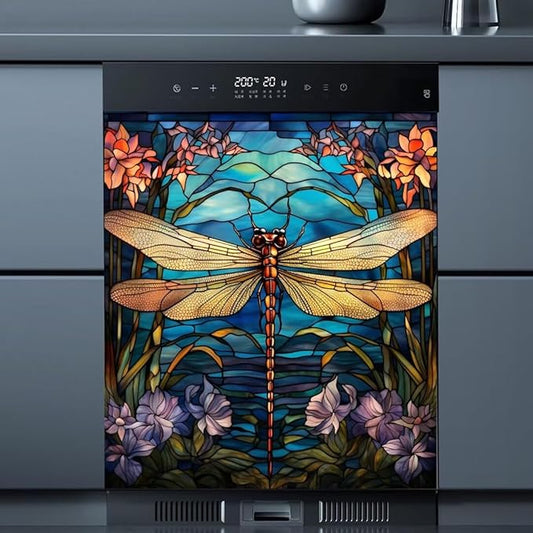 Dragonfly Dishwasher Cover Stained Glass Window Home Appliance Panel Decal, Stained Glass Dragonfly Refrigerator Cover Panels (23" W x 26" H Ordinary)