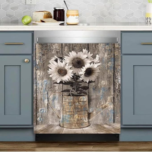 Vintage Wood Dishwasher Magnetic Cover for Door Front,Rustic Wooden Refrigerator Magnet Decor Sunflower Sticker,Country Wood Dishwasher Magnet Panel Decal for Fridge Home Appliance 23"x26"