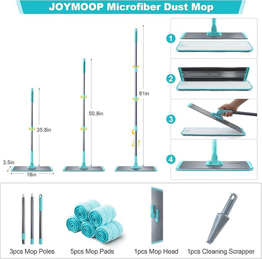JOYMOOP 18 Inch Dust Mop for Hardwood Floors, Heavy Duty Industrial Wet Dry Mops with Telescopic Handle, Includes 5 Microfiber Mop Pads - Blue-Grey