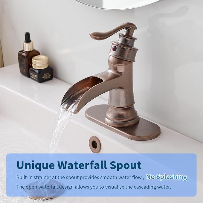BWE Copper Bathroom Faucet Antique Brass Sink Vanity Basin Single Handle with Pop up Drain Assembly Waterfall Rose Mixer Tap One Hole Lever with Overflow Deck Mount Commercial