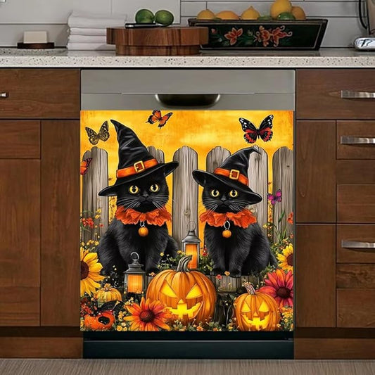 Halloween Black Cats Kitchen Decor Dishwasher Magnet Cover Decal, Pumpkins and Butterflies Magnetic Dish Washer Panel Door Vinyl Sticker, Refrigerator Magnets,Easy to Clean, 23 x 26 inch