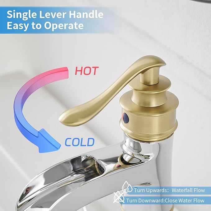 BWE Bathroom Faucet Waterfall Single Handle Chrome and Gold Vanity with Pop Up Drain Stopper with Overflow One Hole Lever Bath Sink Basin Restroom Mixer Tap Commercial Supply Line