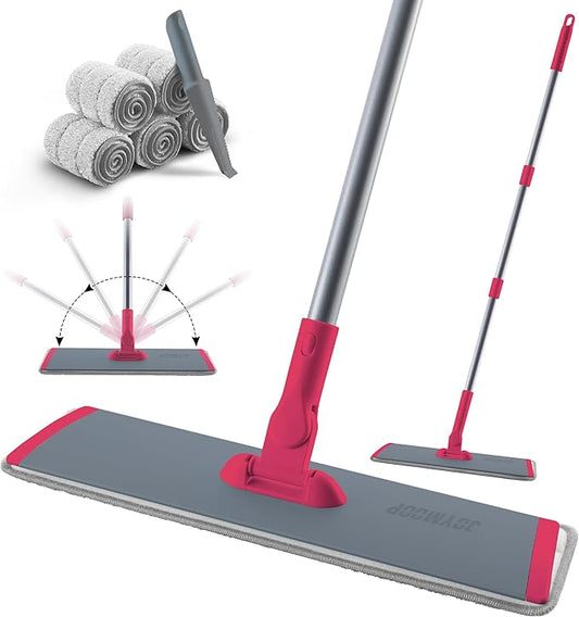 JOYMOOP 18 Inch Dust Mop for Hardwood Floors, Heavy Duty Industrial Wet Dry Mops with Telescopic Handle, Includes 5 Microfiber Mop Pads - Red-Grey