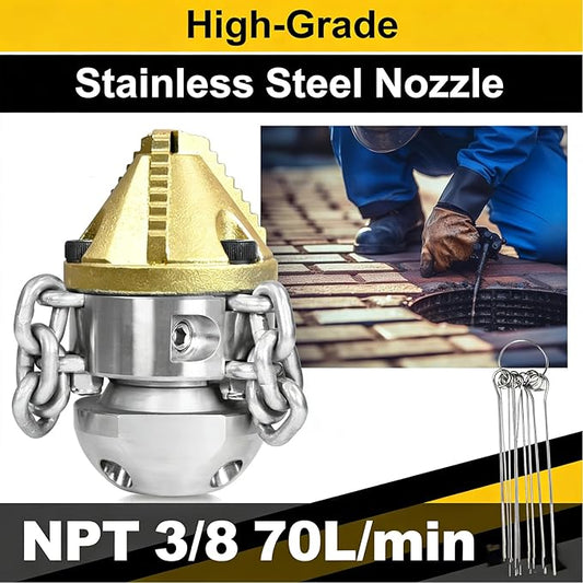 Anrain 3/8" NPT Sewer Jet Nozzle, 70L/min High-Pressure Drain Cleaner with Sharp Tip & Removable Chains, Compatible with 70L/min Pressure Washers for Pipe Blockages (Roots, Deposits)