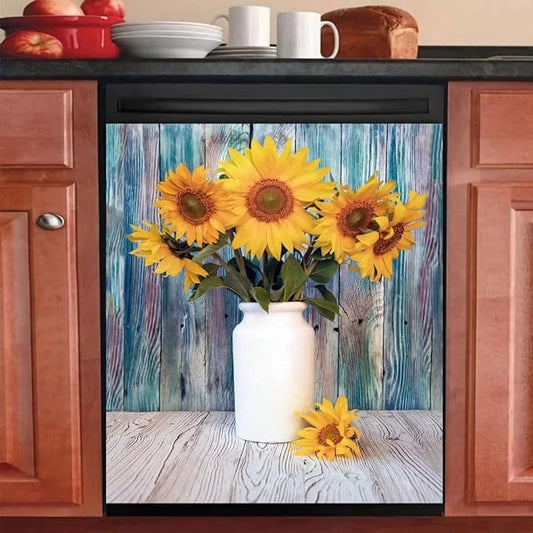 Colorful Wooden Background Kitchen Dishwasher Front Door Cover Decor, Vase Sunflower Fridge Panels Decals Vinyl Cover, Ordinary 23"x26"INCH