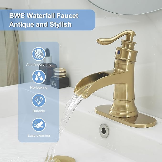 BWE Waterfall Bathroom Faucet Brushed Gold Bathroom One Hole Single Handle Vanity Sink Faucet with Pop Up Drain Assembly and Supply Hose