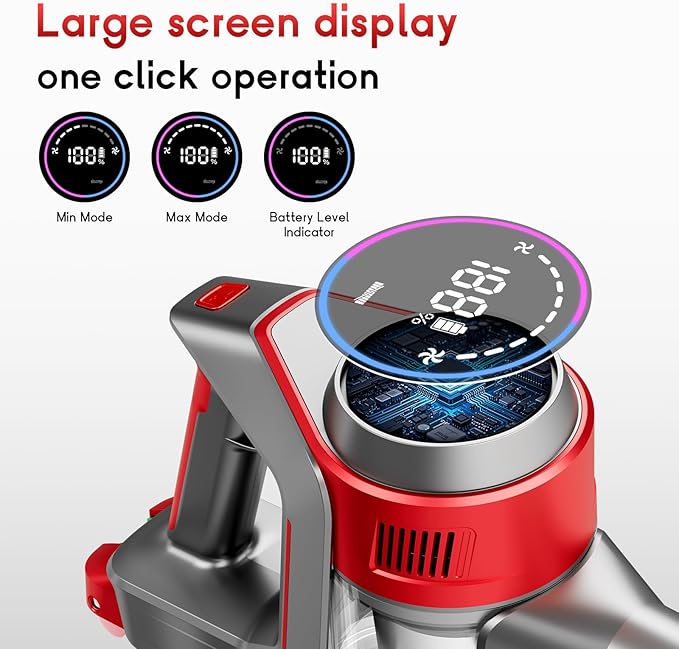 BSNAW Cordless Stick Vacuum Cleaner - Rechargeable, 35Kpa Powerful Vacuums with Detachable Battery, LED Display, 45Mins Runtime, 8 in 1 Handheld Vacuum for Hardfloor & Carpets Pet Hair, Red