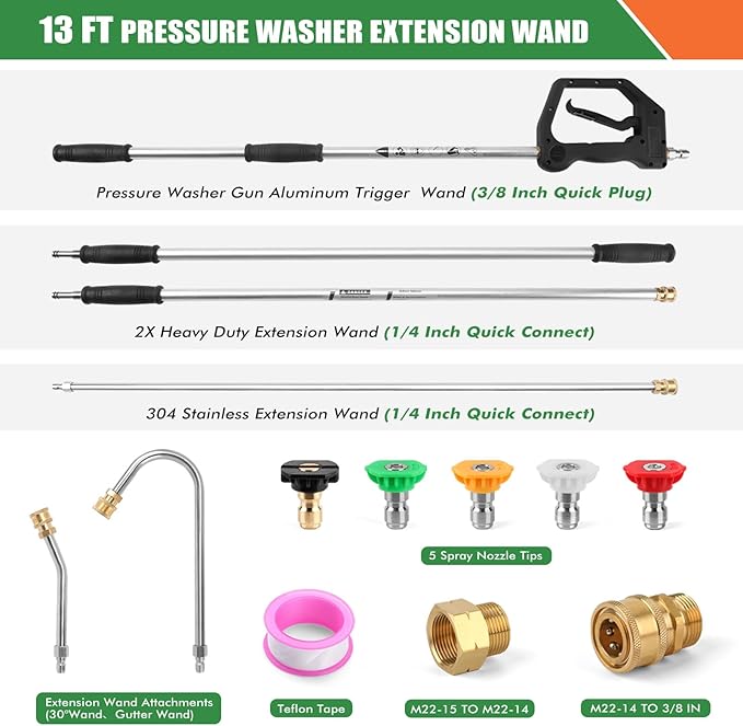 Gutter Cleaning Tools From the Ground, 13 FT Pressure Washer Extension Wand, Power Washer Lance With 5 Pressure Washer Spray Nozzle Tips, 30°, 120° Gutter Cleaner Curved Rod for Wall Roof Gutter