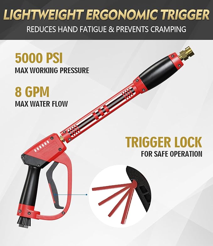 Pressure Washer Gun and Hose Kit, 4800PSI Steel-Braided & Durable - Flexible & Kink-Resistant Power Washer Hose 25 FT with 3/8" Swivel Quick Connector and M22 14mm Adapters Replacement