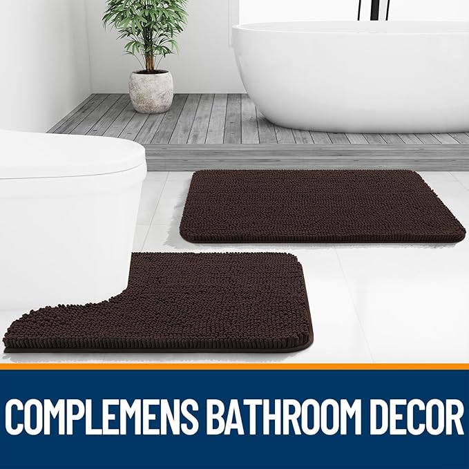 OLANLY Bathroom Rugs Sets 2 Piece, Soft Absorbent Chenille Bath Mats and U-Shaped Contour Toilet Mat Area Rug Set, Machine Washable Bath Carpet, Home Decor Accessories(47"x20"+24"x20", Brown)