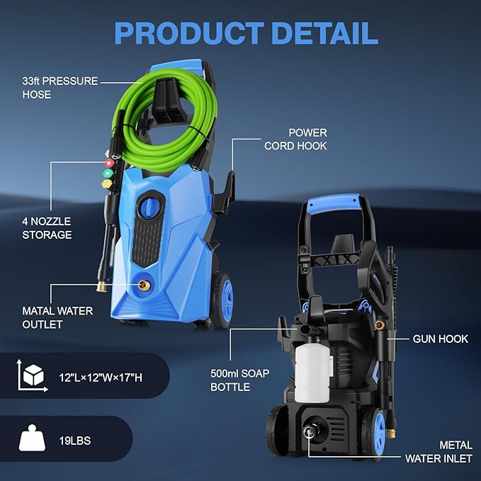 commowner𝐏𝐨𝐰𝐞𝐫 𝐖𝐚𝐬𝐡𝐞𝐫 𝟓𝟎𝟎𝟎𝐏𝐒𝐈 Portable with 33FT Pipe, 4 Nozzle Set for Home/Cars/Fences/Windows, Light Blue