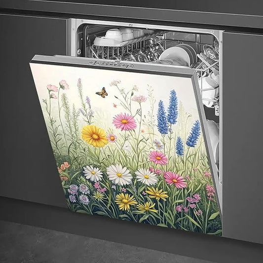 Dishwasher Magnet Cover 23x26 in Realistic Garden Wildflowers and Monarch Butterfly Magnetic Dishwasher Cover for Kitchen Appliance Decoration Front Panel Sticker Panel Home Decor