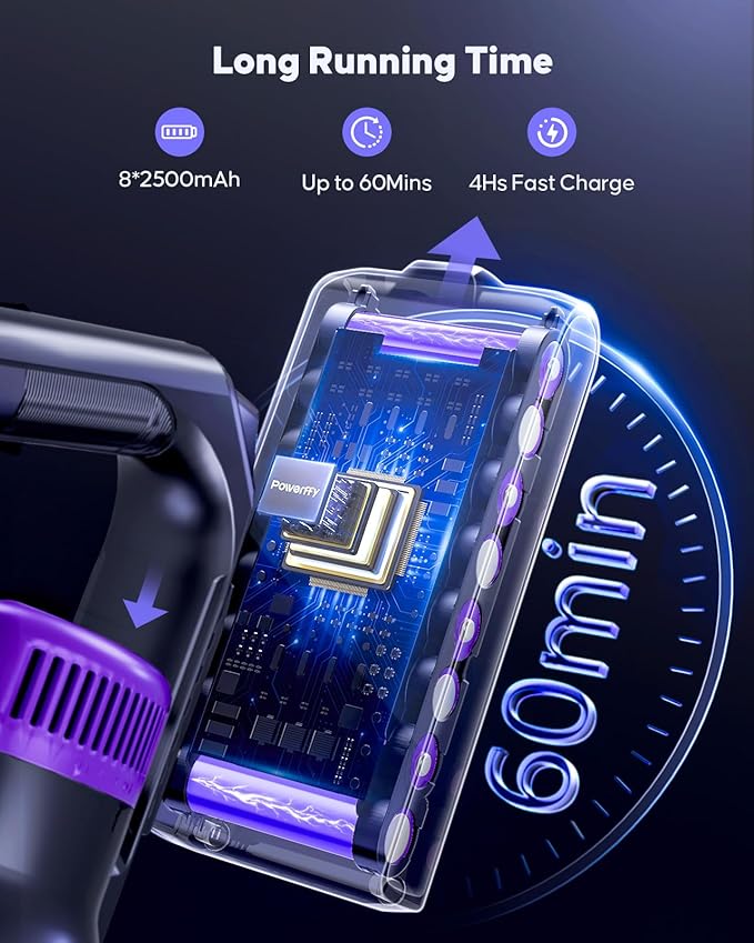Cordless Vacuum Cleaner, 45KPa 600W Powerful Stick Vacuum for Home, 60Mins Runtime, 1.8L XL Dust Cup One-Touch Empty, Green LED Anti-Tangle Brush & Fragrance, for Pet Hair Carpet Hard Floor