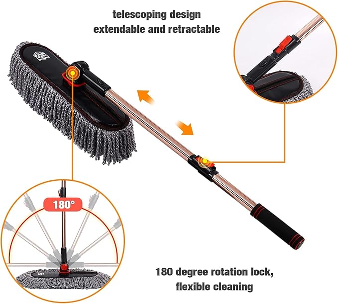 Microfiber Duster, Car Duster Kit,Interior & Exterior Cleaning Tools,Dashboard Detailing Brush,Scratch Lint Free,Pollen Removing,Extendable Handle,Truck,SUV,RV,Set of 2