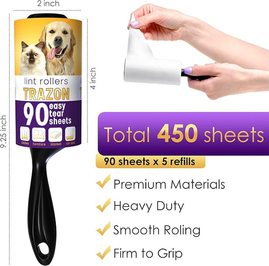 Lint Rollers Value Pack of 450 Sheets / 5 Refills, Sticky Roller, Lint Remover for Dog, Cat, Pet Hair, Lint Rollers for Clothes, Carpet, Couch, Furniture, Car Seats White - Image 2