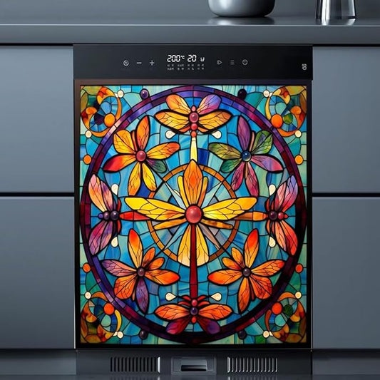 Colorful Dragonflies Dishwasher Cover Dishwasher Panel Decal, Stained Glass Window Fridge Skins Cover, Vinyl Home Appliance Decal 23" x 26" Ordinary