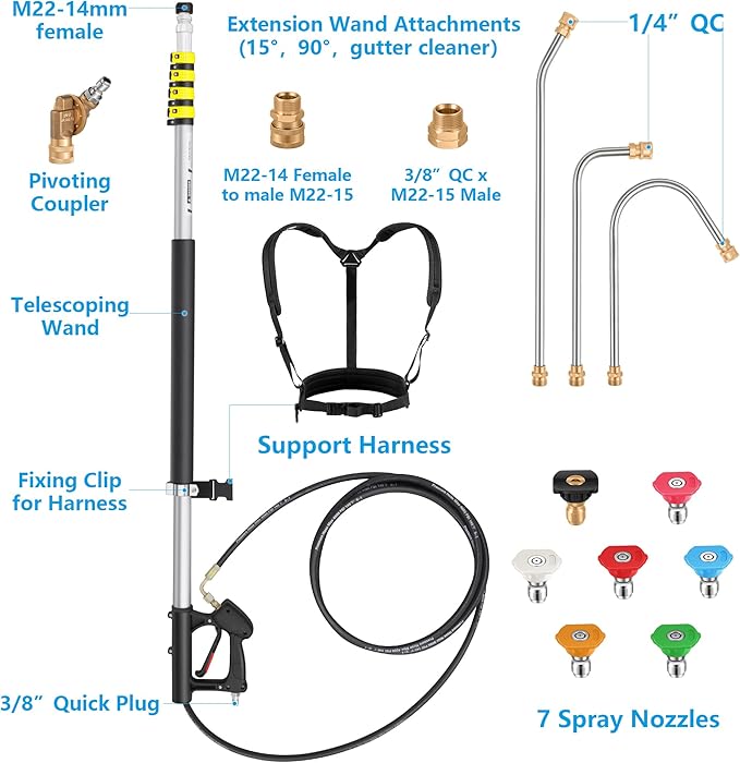 24 FT Telescoping Pressure Washer Wand Extension, Hot Water Supported Power Washer Extension Wand with 7 Nozzle Tips, 3 Adapters & Harness, Gutter Cleaning Tools for 2 Story House