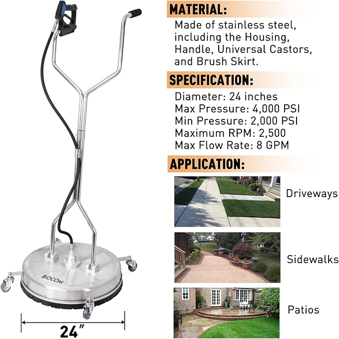 BOCOM 24 Inch Pressure Washer Surface Cleaner Dual Handle Commercial Power Washer Accessory & Parts Concrete Floor Scrubber Attachment with Wheels for Cleaning Driveways, Sidewalks, Patios, 4000 PSI