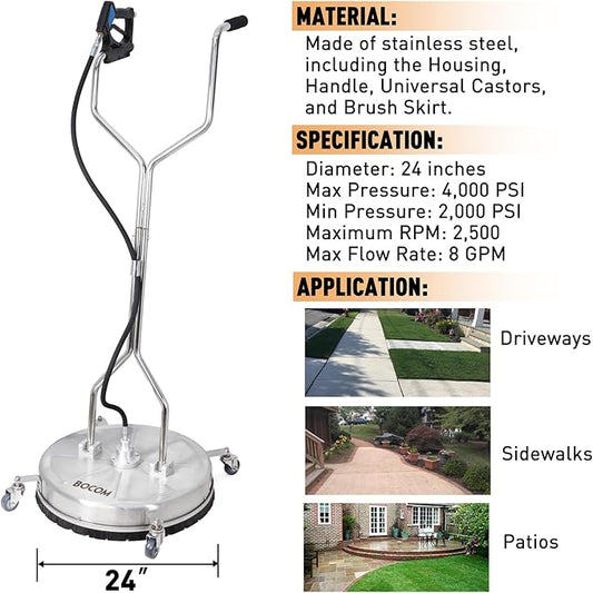 BOCOM 24 Inch Pressure Washer Surface Cleaner Dual Handle Commercial Power Washer Accessory & Parts Concrete Floor Scrubber Attachment with Wheels for Cleaning Driveways, Sidewalks, Patios, 4000 PSI