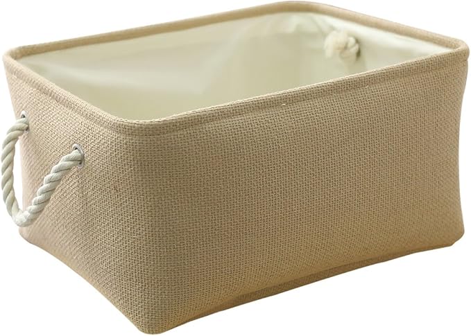 TheWarmHome Decorative Basket Rectangular Small Storage Basket Fabric Storage Bin Organizer Basket with Handles for Clothes Storage (Beige, 11.8L??7.9W??5.2H inch)