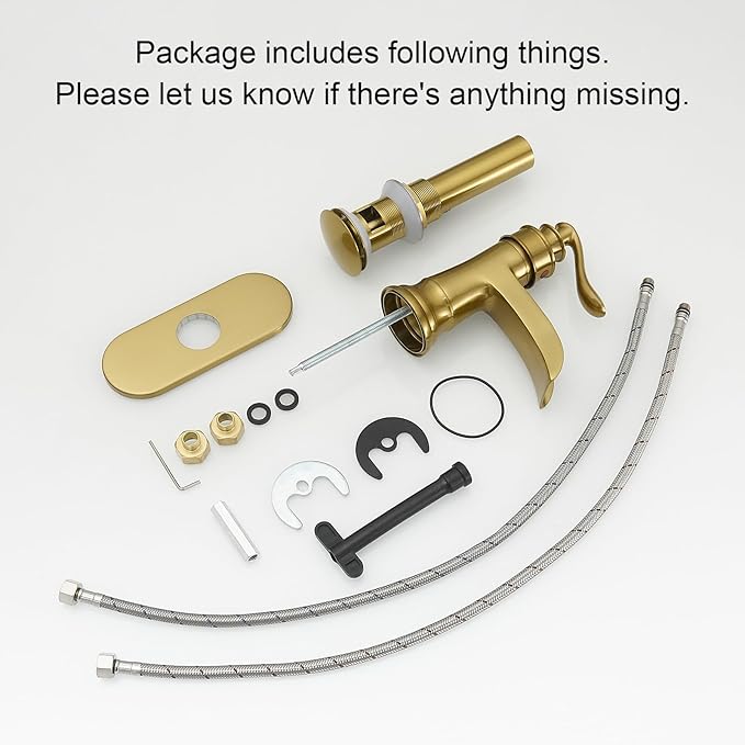 BWE Waterfall Bathroom Faucet Brushed Gold Bathroom One Hole Single Handle Vanity Sink Faucet with Pop Up Drain Assembly and Supply Hose