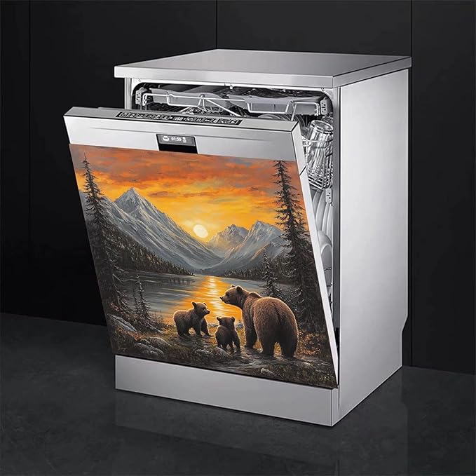 Lake Sunset Reflection Brown Bear Dishwasher Magnet Cover, Creative Kitchen Appliances Panel Decorate Refrigerator Front Door Magnets Decals 23" W x 26" H