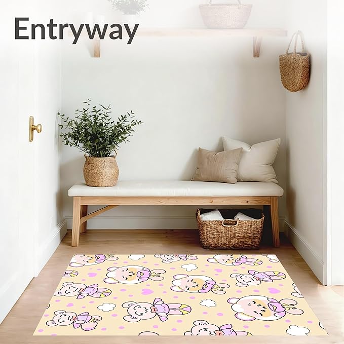 Flatwoven High Traffic Area Rug 5x7, Sweet Bear Balloon Interlocking Dot and Cloud Motif, Non Slip, Stain Resistant, Washable Area Rugs for Living Room, Bedroom (Beige, 5x7)