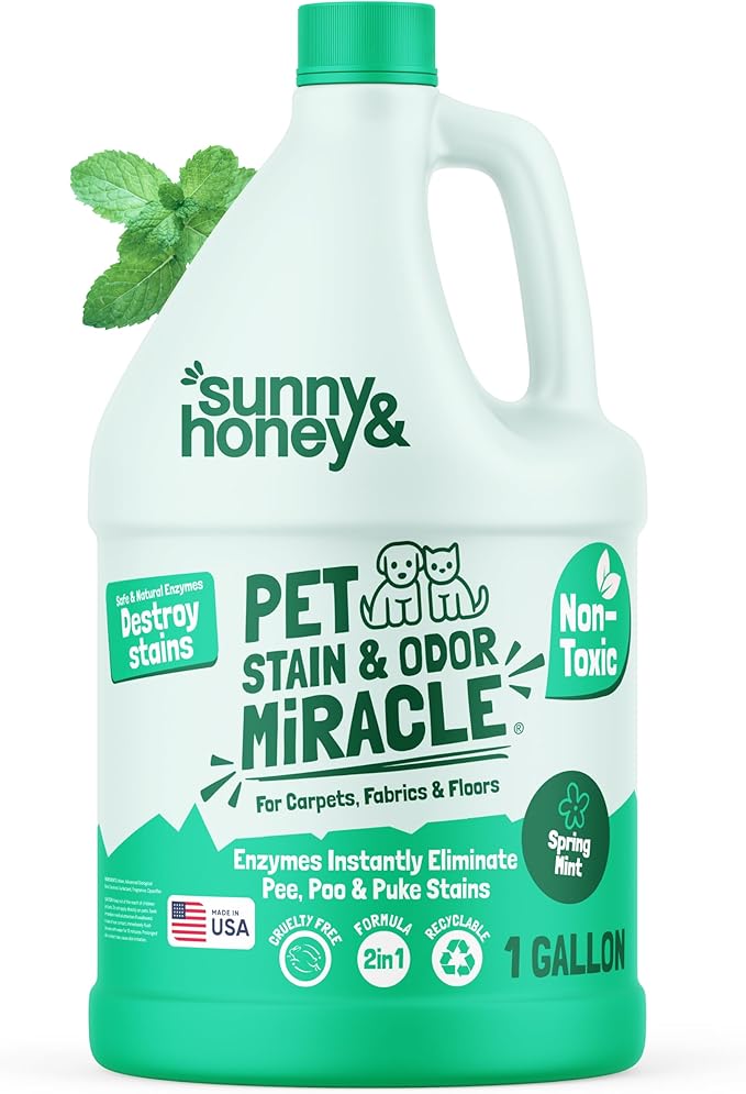 Sunny & Honey Pet Stain and Odor Remover - Enzyme Cleaner for Dog Urine and Poop on Carpets and Furniture - Strong Pet Carpet Cleaner Spray (1 Gallon Mint)