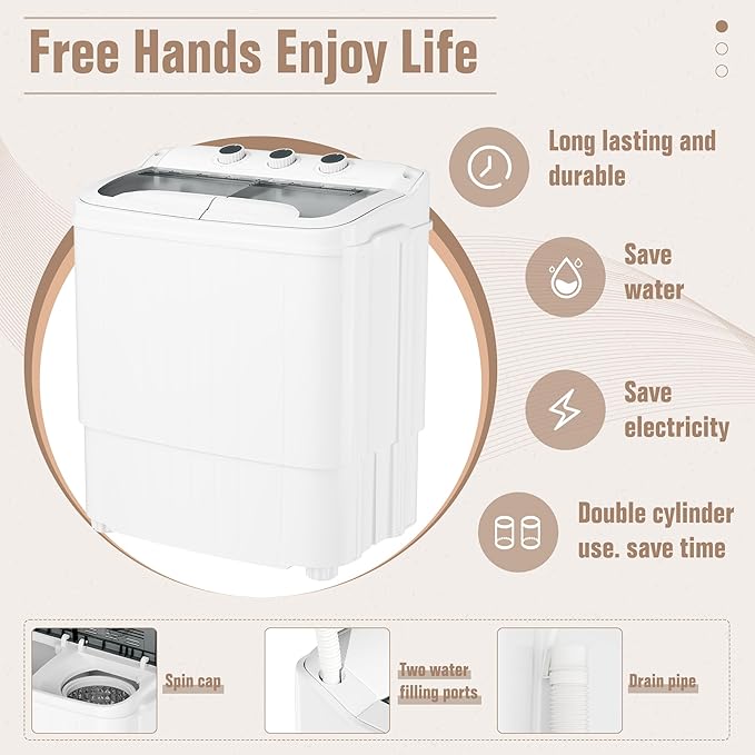Greenvelly Portable Washing Machine, 16 Lbs Compact Mini Washer and Dryer Combo, Semi-automatic Twin Tub Laundry Washine with Drain Pump for Dorms, Apartments, RVs (Grey)