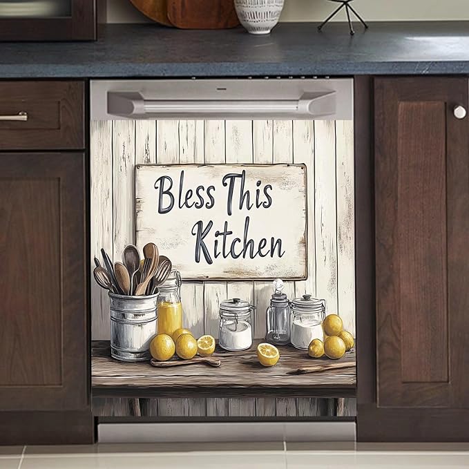 Vintage Spice Jar Tableware Dishwasher Magnet Cover Wooden Desktop Lemon Refrigerator Magnet Door Panels Home Kitchen Appliances Vinyl Stickers 23 W x 26 H