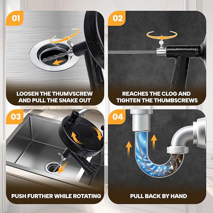 Drain Auger 33 ft, Plumbing Snake Hair Clog Remover Drain Snake Flexible Grabber Heavy Duty Sink Cleaner Tools for Shower Bathtub Bathroom Kitchen Pipe, Black