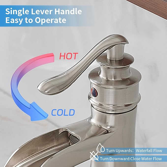 BWE Bathroom Faucet Brushed Nickel Waterfall Single Hole Matching Pop Up Drain Stopper Handle Sink Faucets Bath Vanity Lavatory Vessel Commercial Satin with Water Supply Hose