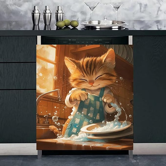Cute Cat Magnetic Dishwasher Panel Decal Home Appliance Cover, Kitten Refrigerator Magnet Cover Decals, Animal Cat Dishwasher Cover Magnetic Dishwasher Sticker, Reusable (23" x 26")
