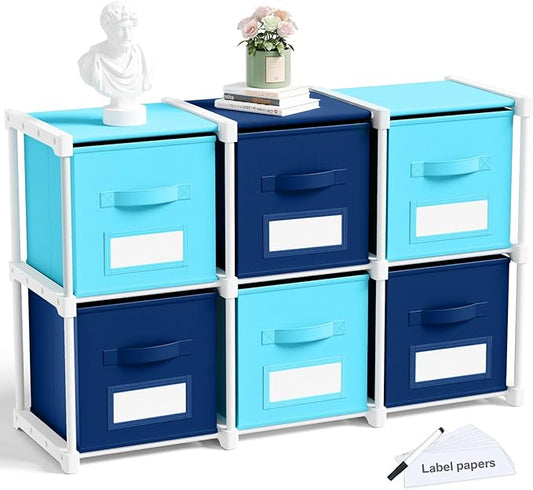 Geelin 6 Sets Cube Storage Organizer Bins with Shelf & Labels 11 Inch, Fabric Collapsible Cubby Toys Clothes Storage Drawer Unit for Daycare Nursery Playroom Bedroom Dorm Organizer (Blue Mix)