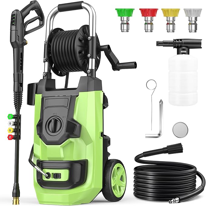2026 New Pressure Cleaner PSI5000 with 3 Levels Adjustable Pressure Gun, Portable Pull-Handle, 4 Nozzles and Foam Cannon, Heavy Duty Cleaner Machine for Home/Car/Fence/Garden, Green