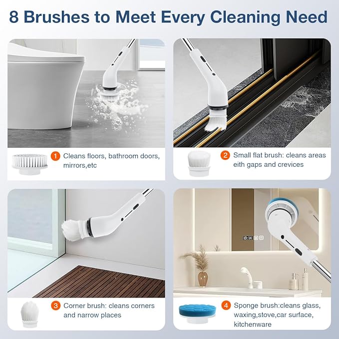 Lefree Electric Spin Scrubber, Cordless, 2 Speeds, Black, Plastic, w/ 8 Replaceable Brush Heads, for Cleaning Floors, Windows, Bathtubs, Grout, Tiles, Sink, Car