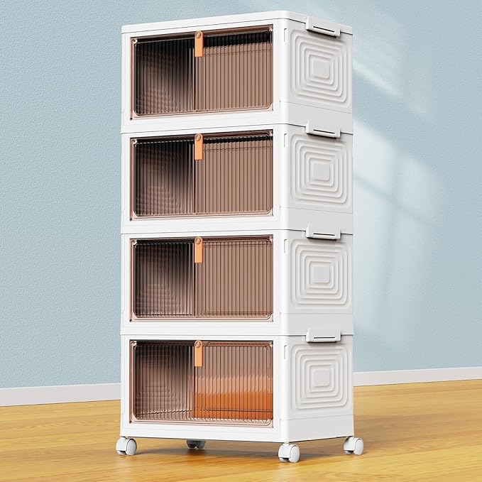 4 Tier Plastic Storage Bins with Lid 23QT, Stackable Storage Containers with Wheels, Folding Storage Boxes, Collapsible Storage Bins, Closet Organizers and Storage for Living Room,Office,Dorm