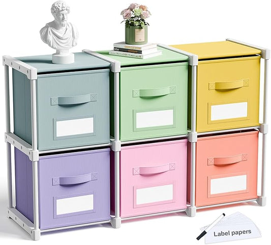 Geelin 6 Sets Cube Storage Organizer Bins with Shelf & Labels 11 Inch, Fabric Collapsible Cubby Toys Clothes Storage Drawer Unit for Daycare Nursery Playroom Bedroom Dorm Organizer (Pastel)